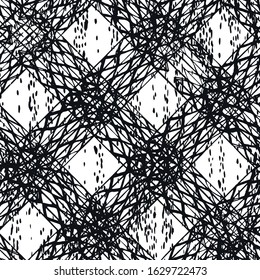 Allover pattern. Ink grunge grid. Hand drawn seamless check pattern. Graphic background with ethnic tartan. Seamless check pattern background.