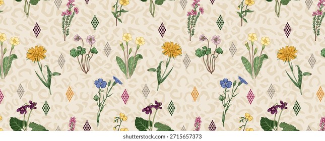 O padrão allover é um design floral contínuo e repetitivo com flores estilizadas coloridas (margaridas amarelas, violetas roxas, flores rosa, linho azul, primrosas amarelas) intercaladas com motivos em diamante texturizado em um fundo bege com padrão abstrato.