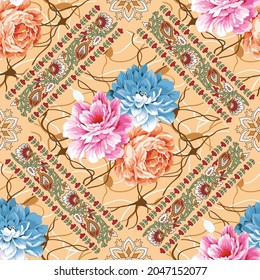 allover pink blue flower pattern with border on brown background