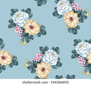 allover red and brown flower pattern with leaves on yellow background