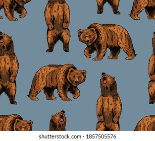 Allover seamless print pattern of a grizzly bear standing and walking on all fours.