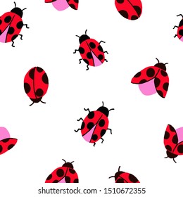 Allover seamless repeat pattern with cute hand-drawn ladybugs of different shapes flying. Great for kids projects or as a versatile novelty print. Umbrellas, stationery, apparel and more!