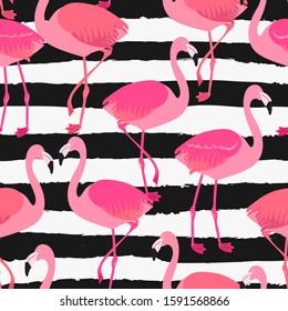 Allover seamless repeat pattern with sophisticated flamingos in pink and coral on a black and white torn grunge cabana stripe