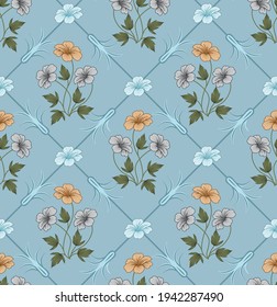 allover triangle blue vector flower Pattern with bunch on grey background