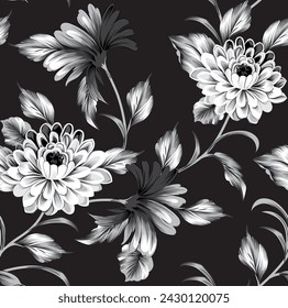 allover vector flower pattern on black and white background