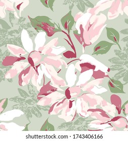 allover vector flowers pattern on green background