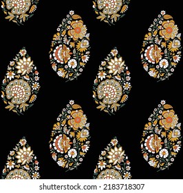 allover vector motif paisley pattern on black background