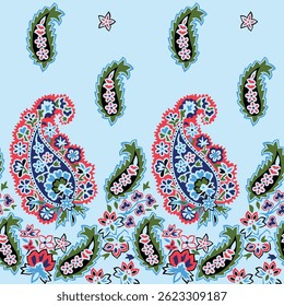 allover vector paisley pattern and border pattern on blue background
