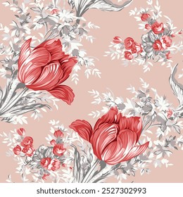 allover vector pink flower pattern on red