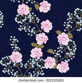 allover vector pink small flower Pattern on navy background