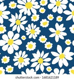 All-over vector seamless repeat pattern with white daisies of different shapes tossed on a dark navy  blue background