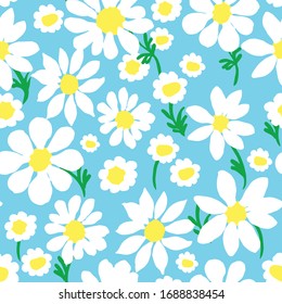 All-over vector seamless repeat pattern with white daisies of different shapes on green delicate stems tossed on a blue background