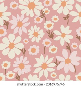 All-over vector seamless repeat pattern with cream daisies of different shapes tossed on a modern dusty pink background