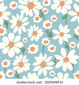 All-over vector seamless repeat pattern with white daisies of different shapes tossed on a modern dusty blue background