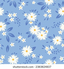 allover vector small flower pattern on blue background stock