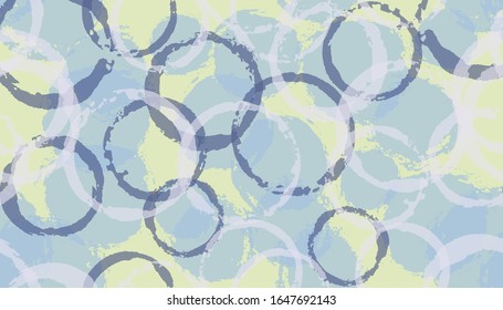 Allover watercolor circle stamps textile print. Circular spot overlapping elements vector seamless pattern. Paint texture circle stamps textile design.