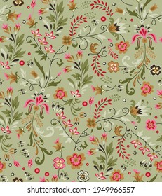 allover yellow orange and pink vector small flower Pattern on green background