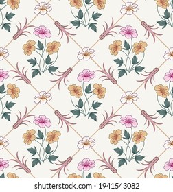 flor alamante rosa y vectorial azul Patrón con ramas de fondo crema