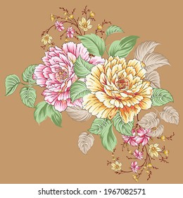 allover yellow and red vector flower bunch Pattern on brown background