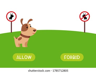 Allow and forbid antonyms word card vector template. Flashcard for english language learning. Opposites concept. Signs "dog walking allowed" and "dog walking is prohibited".