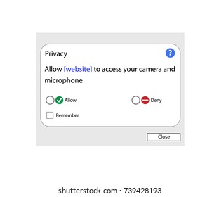 Allow website to access the camera and microphone. Flash player access. Privacy vector