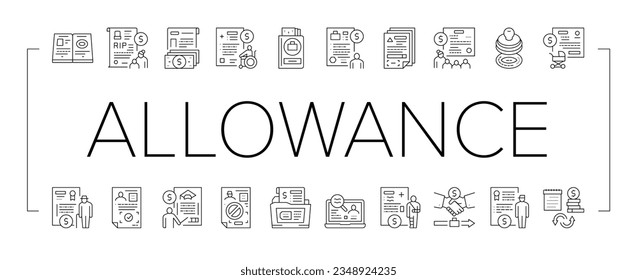 Allowance Finance Help Collection Icons Set Vector. Checking Status And Issue Of Allowance, Loss Of Breadwinner And Pregnancy Black Contour Illustrations