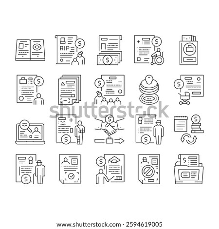 Allowance Finance Help Collection Icons Set Vector. Checking Status And Issue Of Allowance, Loss Of Breadwinner And Pregnancy Black Contour Illustrations