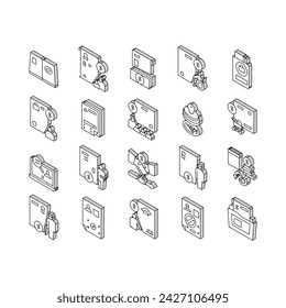 Allowance Finance Help Collection isometric icons set. Checking Status And Issue Of Allowance, Loss Of Breadwinner And Pregnancy Concept Linear Pictograms. Contour Color .