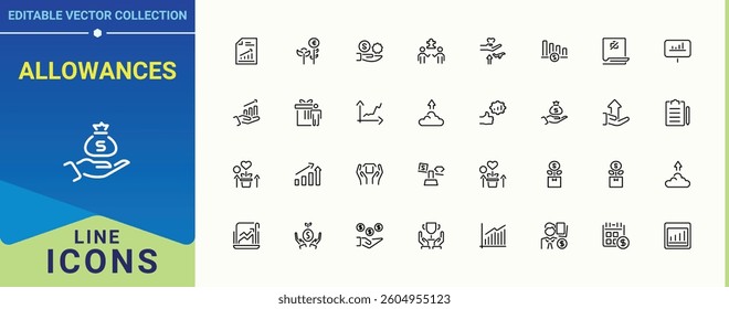 Allowance icon pack. Containing pay, employee benefit, reward, gift and more. Benefits icon set. Minimal thin line web icons set. Editable vector stroke.