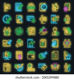 Allowance icons set. Outline set of allowance vector icons neon color on black