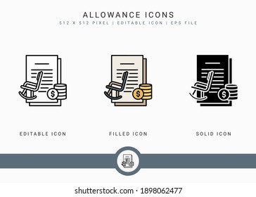 Allowance icons set vector illustration with icon line style. Pension fund plan concept. Editable stroke icon on isolated white background for web design, user interface, and mobile application