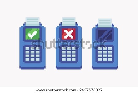 Allowed, disallowed payment terminal pixel art set. Credit card pin code pay system collection. 8 bit. Game development, mobile app. Isolated vector illustration. 