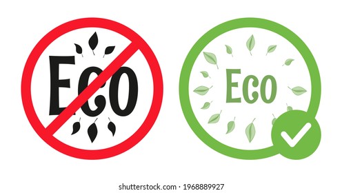 Señales ecológicas permitidas y prohibidas vectorial ilustración plana aislada en fondo blanco. Permiso ecológico. Reciclar iconos ecológicos en círculo rojo tachado y en círculo verde. Vida ecológica, concepto de basura cero.