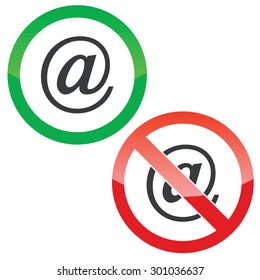 Allowed and forbidden signs with at-sign, isolated on white