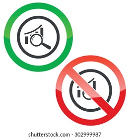 Allowed and forbidden signs with bar graphic under loupe in circle, isolated on white