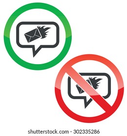 Allowed and forbidden signs with burning envelope in chat bubble, isolated on white