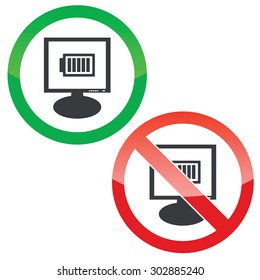 Allowed and forbidden signs with charged battery on monitor, isolated on white