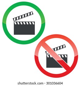 Allowed and forbidden signs with clapperboard image, isolated on white