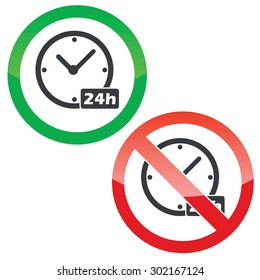 Allowed and forbidden signs with clock and text 24h, isolated on white