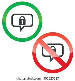 Allowed and forbidden signs with closed padlock in chat bubble, isolated on white