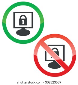 Allowed and forbidden signs with closed padlock on monitor, isolated on white
