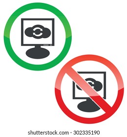 Allowed and forbidden signs with cloud and exchange symbol on monitor, isolated on white