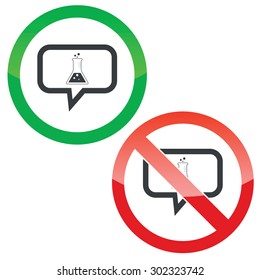 Allowed and forbidden signs with conical flask in chat bubble, isolated on white