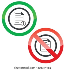 Allowed and forbidden signs with document with letter I in circle, isolated on white