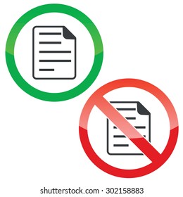 Allowed and forbidden signs with document page image, isolated on white