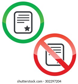 Allowed and forbidden signs with document page with star, isolated on white