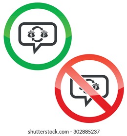 Allowed and forbidden signs with dollar ruble trade in chat bubble, isolated on white