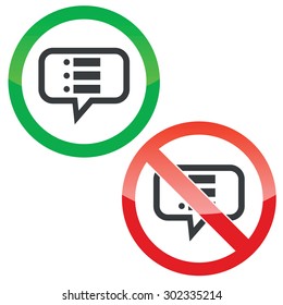 Allowed and forbidden signs with dotted list in chat bubble, isolated on white