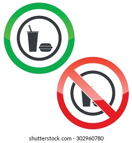 Allowed and forbidden signs with drink and burger in circle, isolated on white