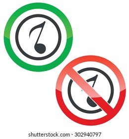 Allowed and forbidden signs with eighth note in circle, isolated on white